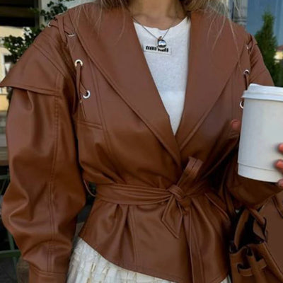 Casual Wear For Women Lapel Belt Jacket Autumn Motorcycle Coat Vacation Fashion Casual Belted Outerwear Outerwear
