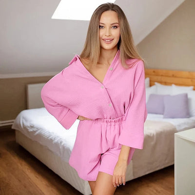 Women's Nightwear Cotton Lounge Pajama Set Long Sleeve Lapel Neck Top With Shorts Two Piece Sleepwear Summer Casual Loungewear