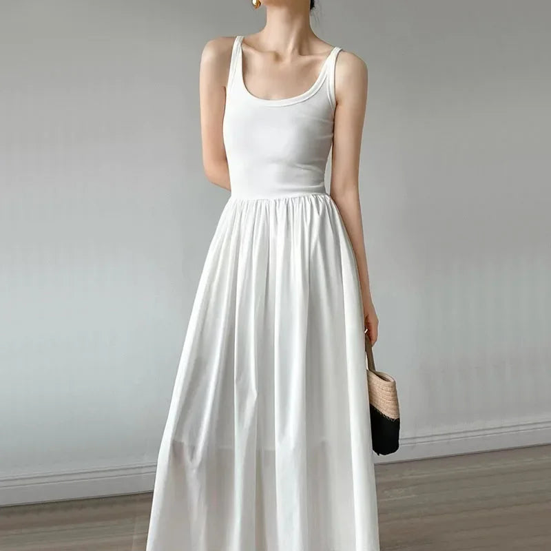 Elegant Hepburn Style Midi Dress Women Summer Fashion Streetwear Sleeveless A Line Dress Ladies Korean Party All Match Vestidos