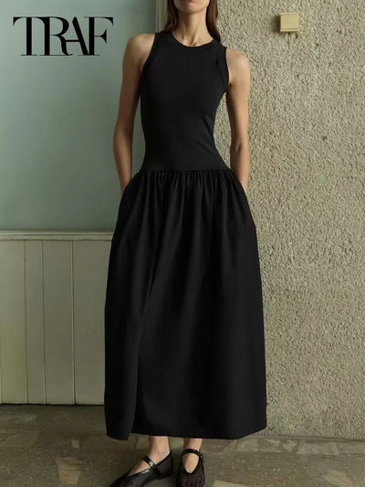 TRAF Women's Dress Knit Long Dresses Summer Female Black Khaki Maxi Sundress Patchwork O-Neck Sleeveless Vestidos Casual Dresses