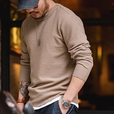 Maden Workwear Japanese Vintage Heavyweight 300g Waffle Round Neck T-shirt Sweater Long Sleeve Shirt For Men